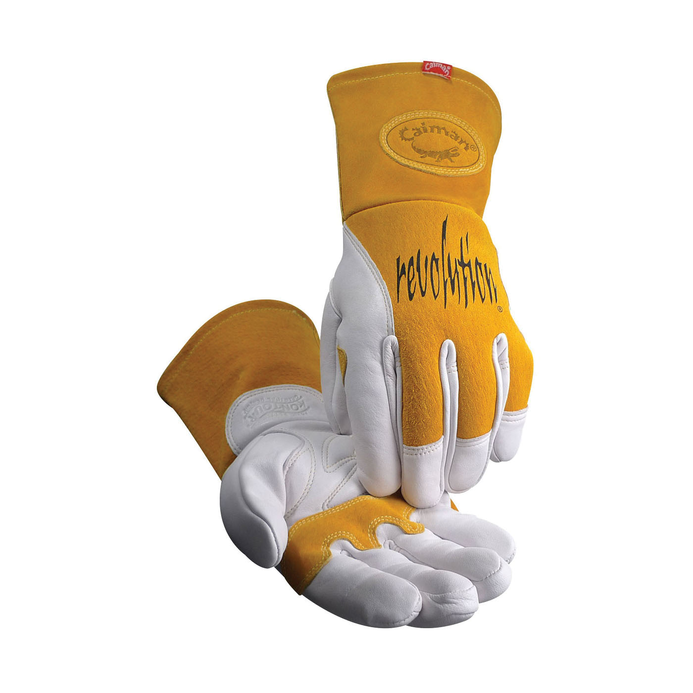 Caiman&reg; 1541-6 1541 Premium Grade Welding Gloves, XL, Grain Goatskin/Split Cowhide Leather/Kevlar&reg; Stitching, Gold/White, Para-Aramid Lining, Gauntlet Cuff