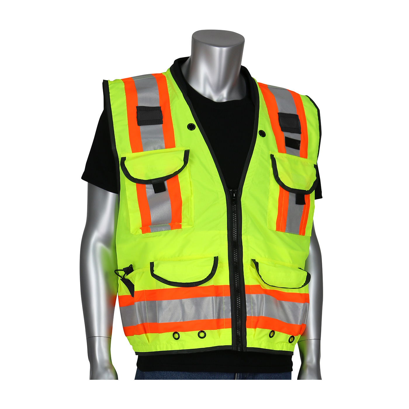 PIP&reg; 302-MVOR-M 2-Tone Safety Vest, M, Hi-Viz Orange, Polyester Mesh, Zipper Closure, 2 Pockets, ANSI Class: Class 2, Specifications Met: ANSI 107 Type R