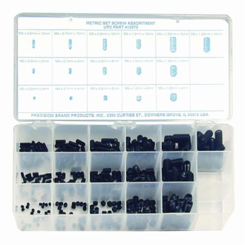 Precision Brand® 12950 Set Screw Assortment With Hexagon Recessed Head, High Grade Alloy Steel, 200 Pieces