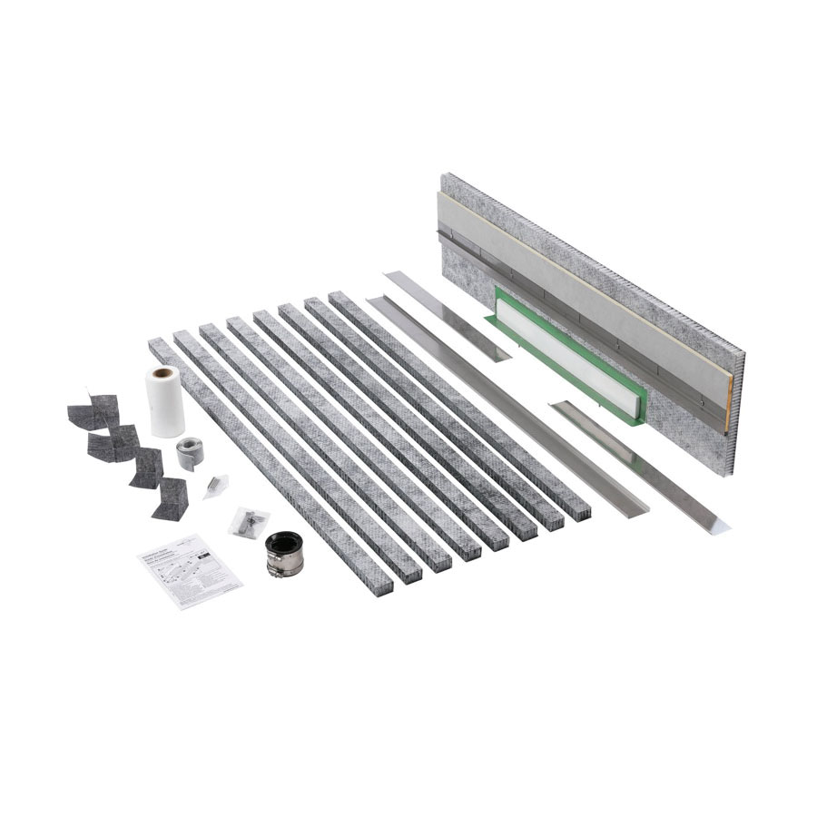 QuickDrain™ WALLD48 Linear Wall Drain Kit With Center/Vertical Waste Outlet, 18 ga 316L Stainless Steel Drain, Domestic