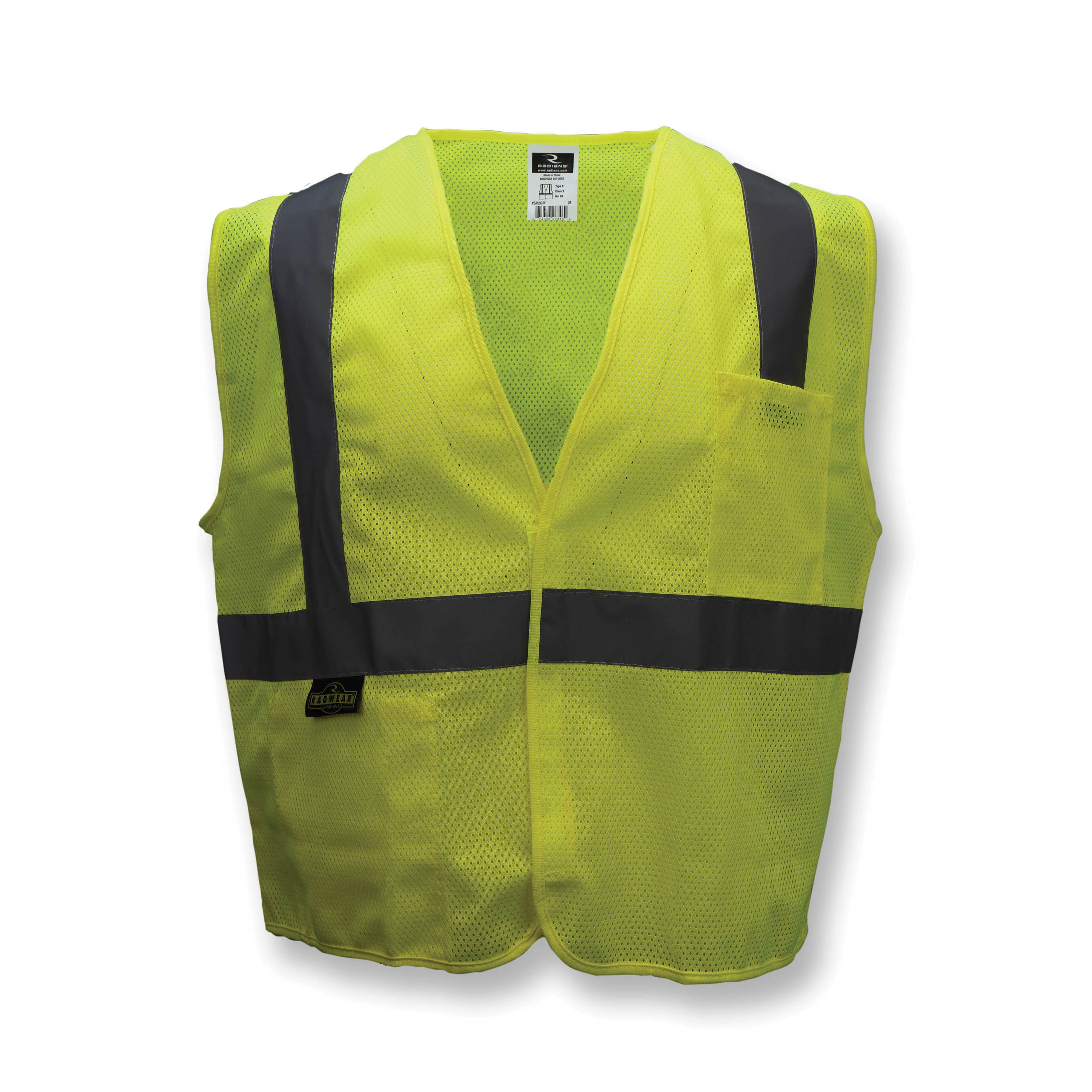 RADWEAR&trade; SV2GMS Economy Safety Vest, S, Hi-Viz Green, Polyester, Hook and Loop Closure, 2 Pockets, ANSI Class: Class 2, ANSI/ISEA 107-2010