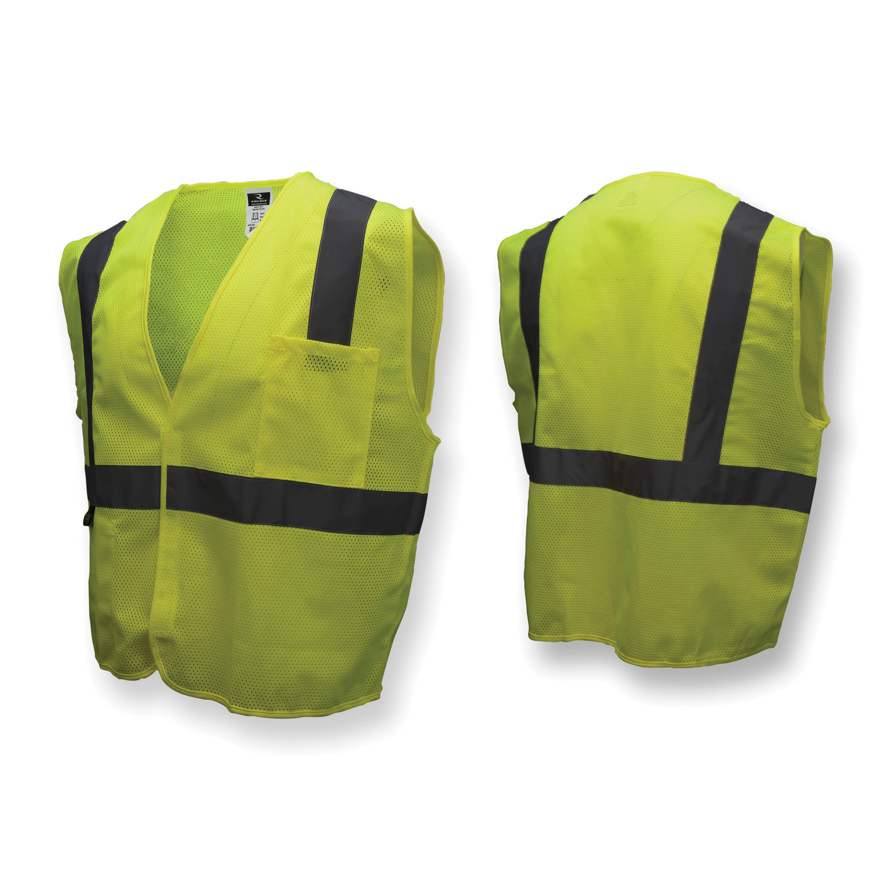 RADWEAR&trade; SV2GMS Economy Safety Vest, S, Hi-Viz Green, Polyester, Hook and Loop Closure, 2 Pockets, ANSI Class: Class 2, ANSI/ISEA 107-2010