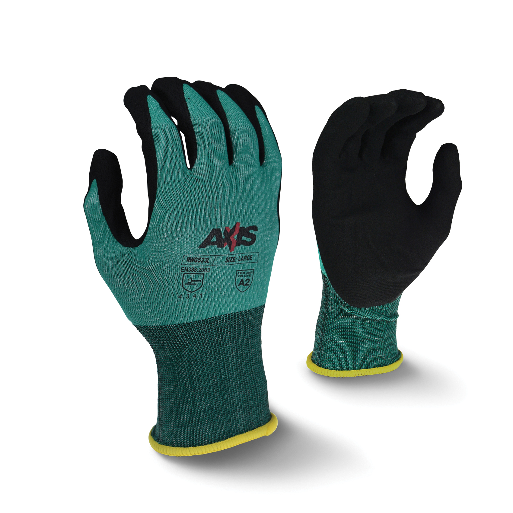 Radians&reg; RWG533L AXIS&trade; RWG533 General Purpose Gloves, L, HPPE Palm, Black/Green, Knit Wrist Cuff, Sandy Foam Nitrile Coating, Resists: Abrasion, Cut, Puncture and Tear