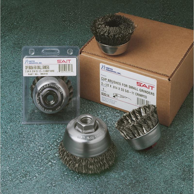 United Abrasives-SAIT 01401 Small Industrial Cup Brush, 2-3/4 in Dia Brush, 5/8-11 Arbor Hole, 0.014 in Dia Filament/Wire, Crimped, Carbon Steel Fill