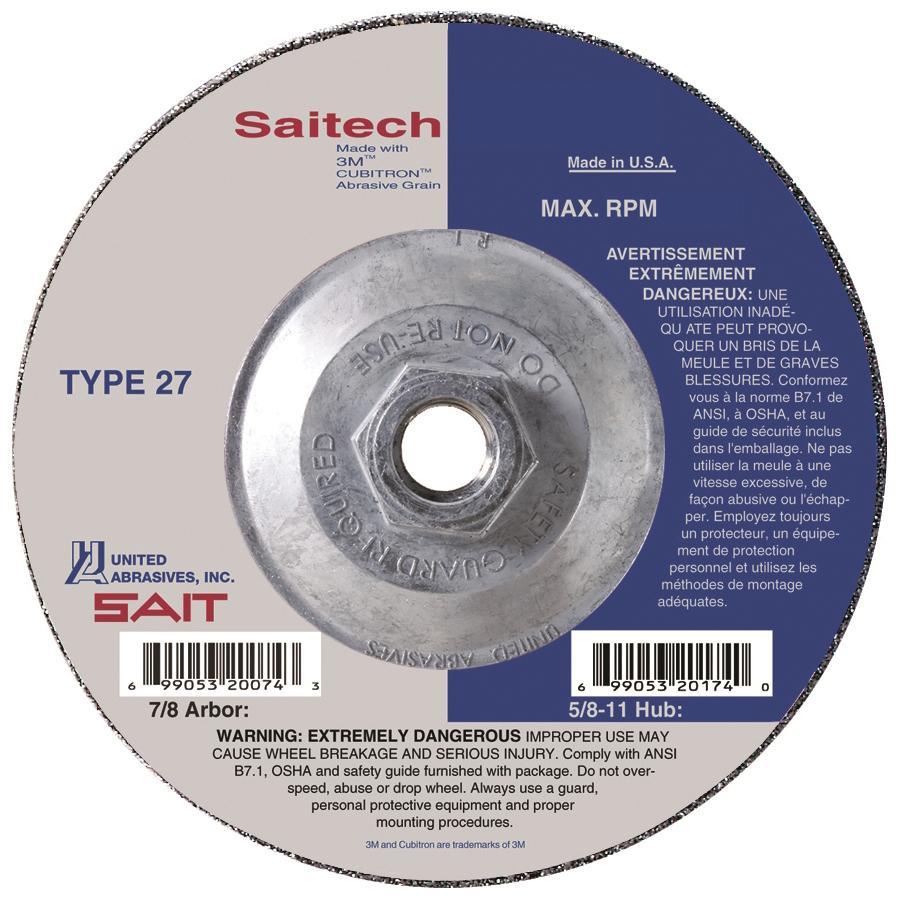 United Abrasives-SAIT United Abrasives-SAIT 22269 High Performance Pipeline Depressed Center Wheel, 4-1/2 in Dia x 1/8 in THK, 24 Grit, Ceramic Alumina Oxide Abrasive