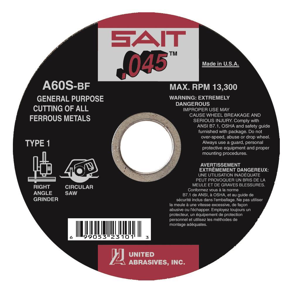 United Abrasives-SAIT 23101 Thin High Speed Cut-Off Wheel, 4-1/2 in Dia x 0.045 in THK, 7/8 in Center Hole, A60S Grit, Aluminum Oxide Abrasive