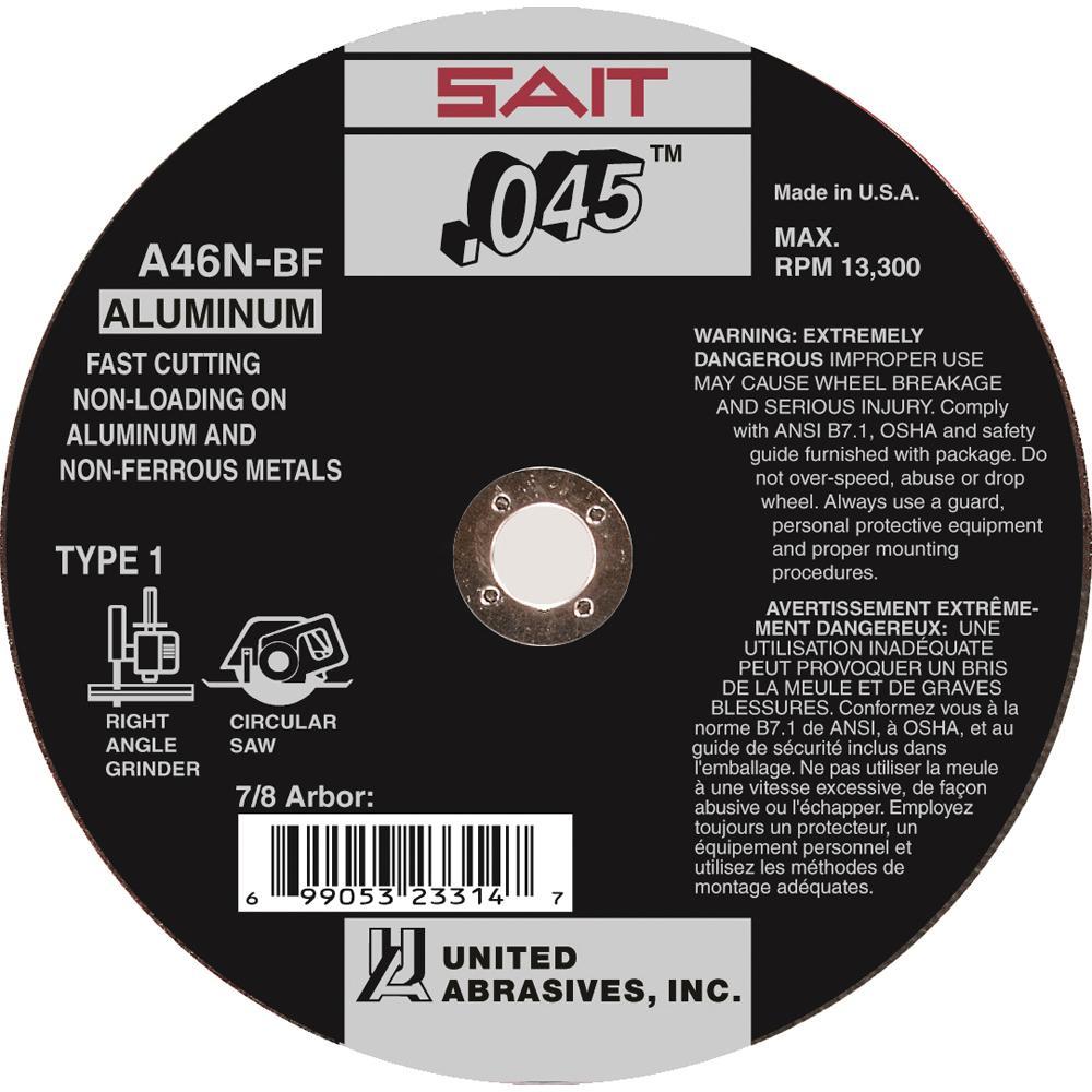 United Abrasives-SAIT 23316 Thin High Speed Cut-Off Wheel, 6 in Dia x 0.045 in THK, 7/8 in Center Hole, A46N Grit, Aluminum Oxide Abrasive