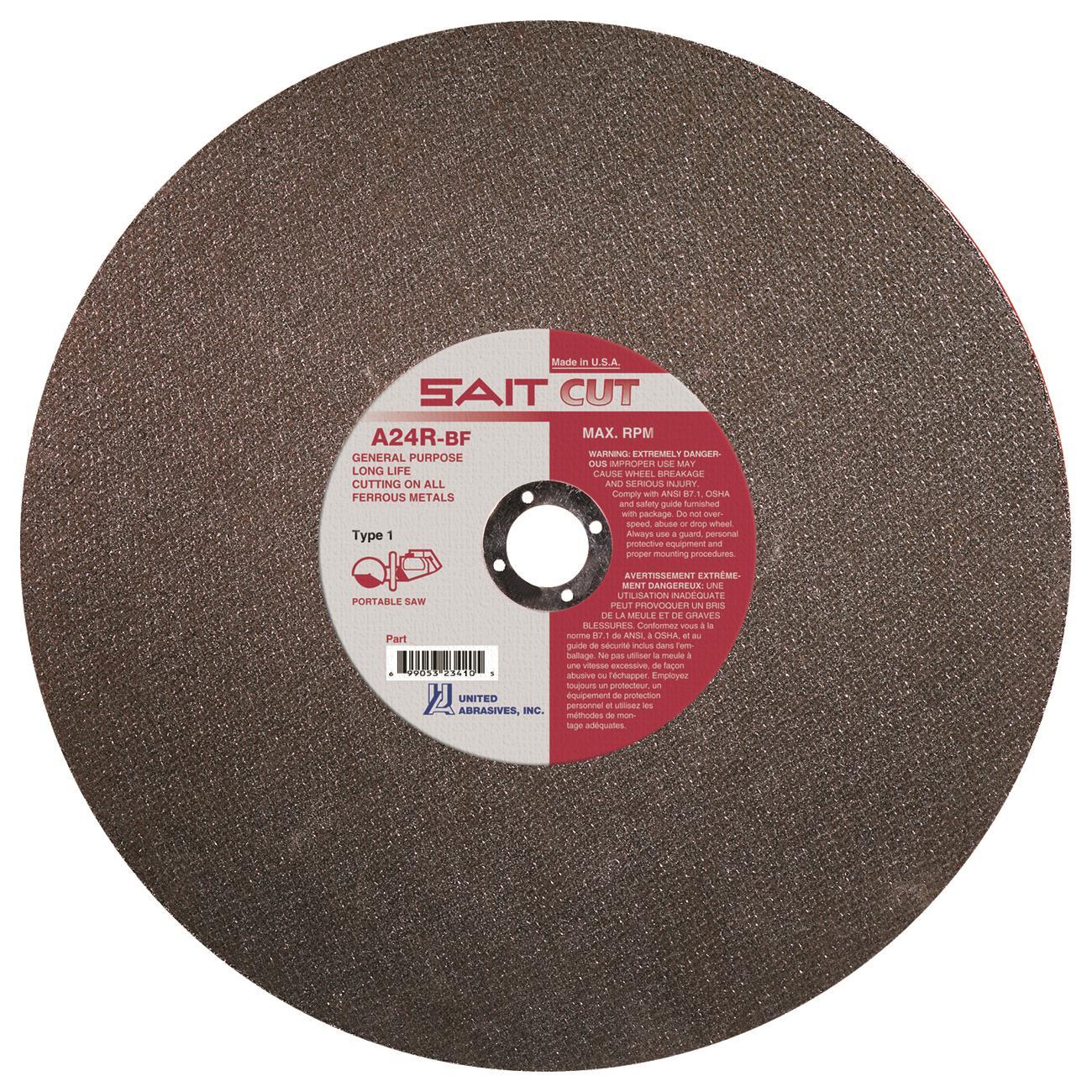 United Abrasives-SAIT 23450 Type 1 Burr Free Portable Saw Cut-Off Wheel, 14 in Dia x 1/8 in THK, 1 in Center Hole, A24R Grit, Aluminum Oxide Abrasive