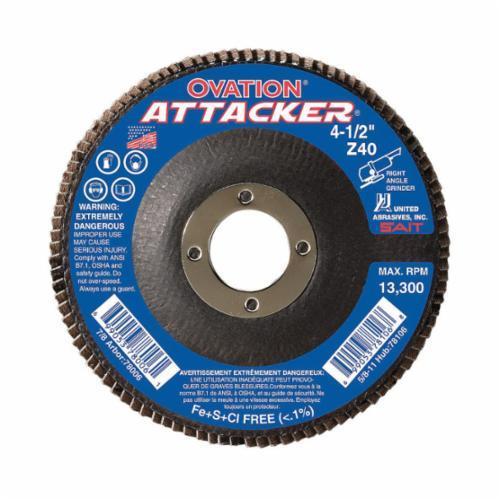 United Abrasives-SAIT Ovation&reg; Attacker&reg; 76208 Close High Density High Performance Coated Abrasive Flap Disc, 4-1/2 in Dia, 7/8 in Center Hole, 60 Grit, Medium Grade, Zirconia Alumina Abrasive, Type 27 Flat Disc