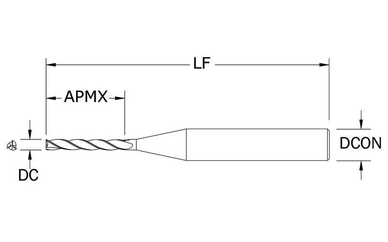 SGS&reg; 01247 M3SL Fractional Long Length Square End Mill, 0.09 in Dia Cutter, 0.45 in Length of Cut, 3 Flutes, 1/8 in Dia Shank, 2-1/2 in OAL, Uncoated