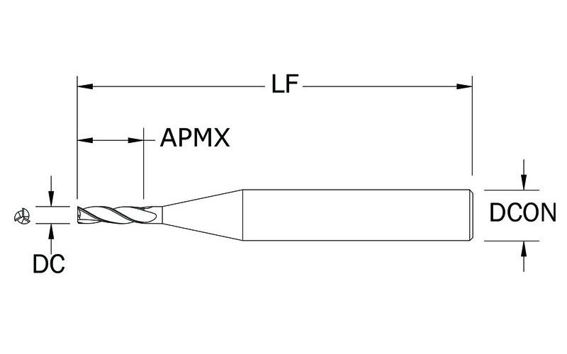 SGS&reg; 01139 M3S Fractional Stub Length Square End Mill, 0.059 in Dia Cutter, 0.0885 in Length of Cut, 3 Flutes, 1/8 in Dia Shank, 1-1/2 in OAL, Ti-NAMITE&reg;-A Coated