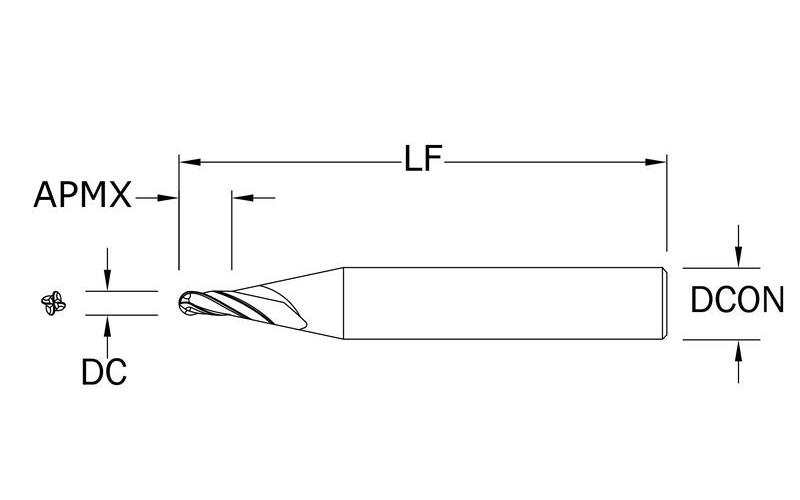 SGS&reg; 03147 M4B Ball Nose End Fractional Micro End Mill, 0.012 in Dia Cutter, 0.036 in Length of Cut, 4 Flutes, 1/8 in Dia Shank, 1-1/2 in OAL, TA Coated