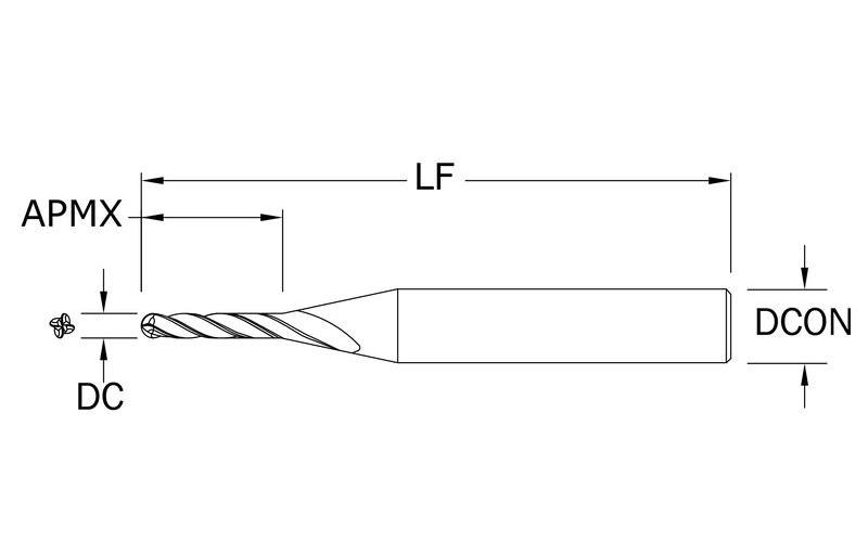 SGS&reg; 01007 M4XB Extra Long Length Ball End Mill, 0.015 in Dia Cutter, 0.18 in Length of Cut, 4 Flutes, 1/8 in Dia Shank, 2-1/2 in OAL, Uncoated