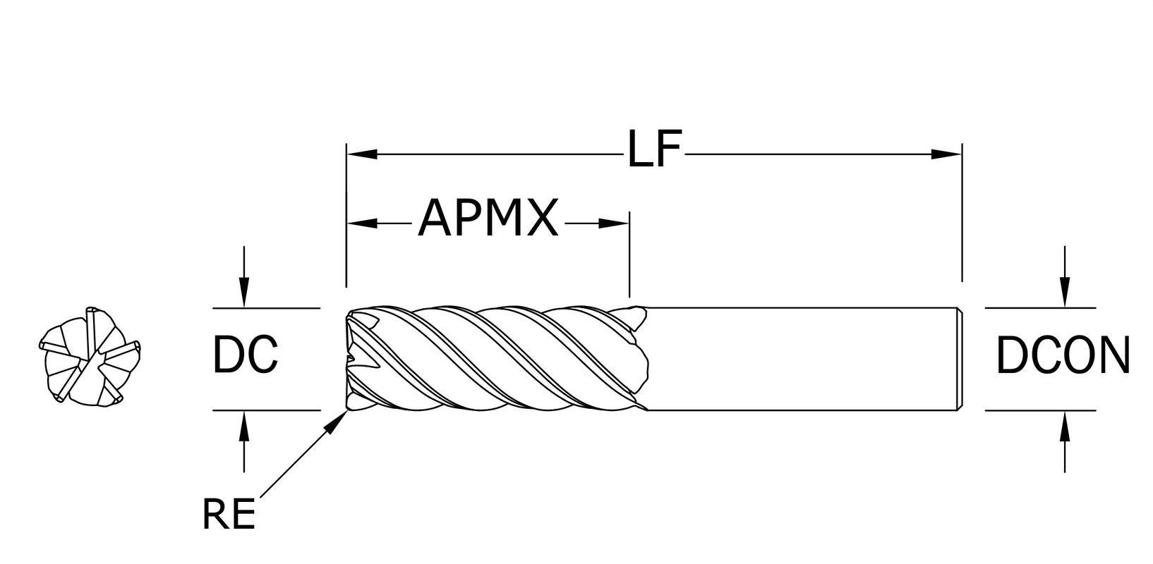 SGS&reg; 42700 V-Carb&trade; 55MCR Center Cutting High Performance Positive Rake Single End End Mill, 20 mm Dia Cutter, 5 mm Corner Radius, 38 mm Length of Cut, 5 Flutes, 20 mm Dia Shank, 100 mm OAL, AlTiN Coated