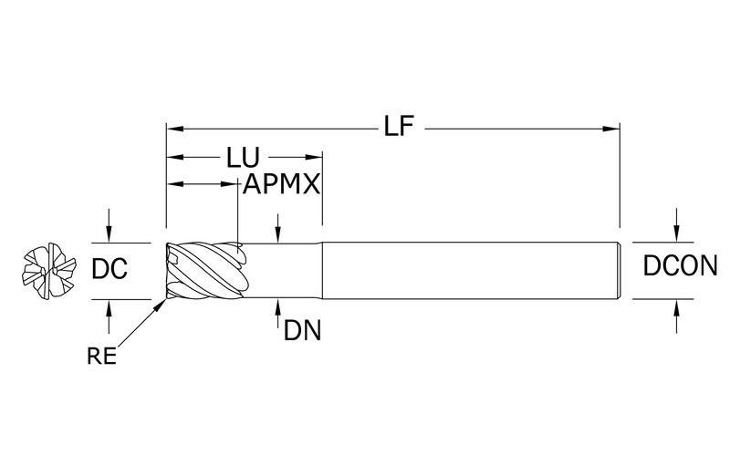 SGS&reg; 35191 T-Carb&reg; 51LC High Performance Imperial Corner Radius End Mill, 1 in Dia Cutter, 1/4 in Corner Radius, 1-1/4 in Length of Cut, 6 Flutes, 1 in Dia Shank, 6 in OAL, Proprietary Nano Composite Coated