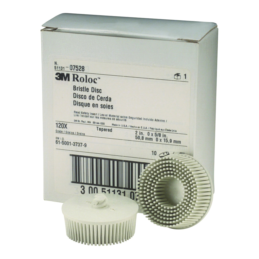 product Scotch-Brite™ Roloc™ Bristle Disc, RD-ZB, 80, TR, Yellow, 3 in x 5/8 in, Tapered, 10/Carton, 40 ea/Case