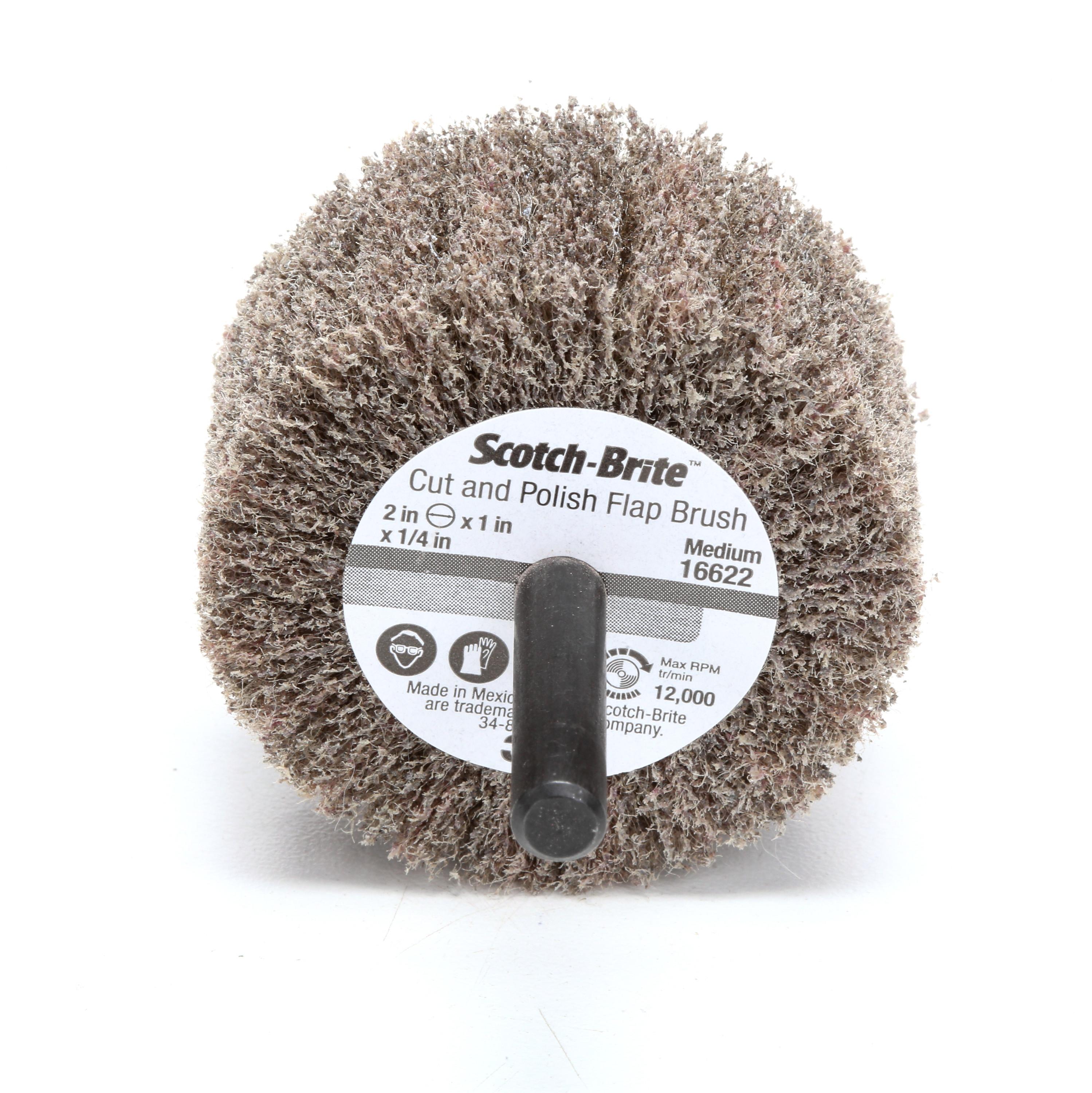 Scotch-Brite™ 7100050520 Flap Brush, 3 in Dia Wheel, 1-3/4 in W Face, 1/4 in Dia Shank, Medium Grade, Aluminum Oxide Abrasive