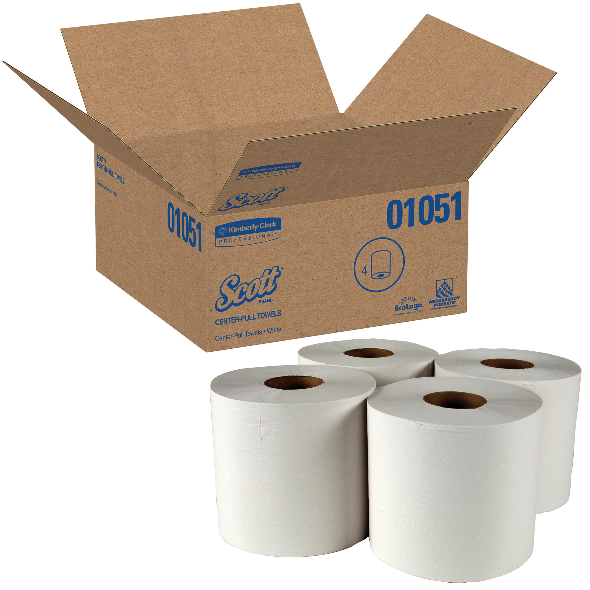 Scott&reg; 01051 Anaerobic Medium Strength Center Pull Towel, 500 Sheets, 1 Plys, Paper, White, 8.8 in W