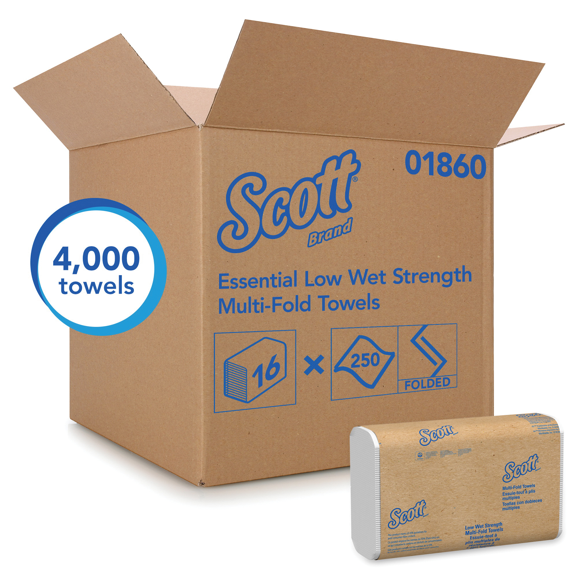 Scott&reg; 01860 Multi-Fold Towel, 250 Sheets, Recycled Fiber, White, 9-1/4 in W
