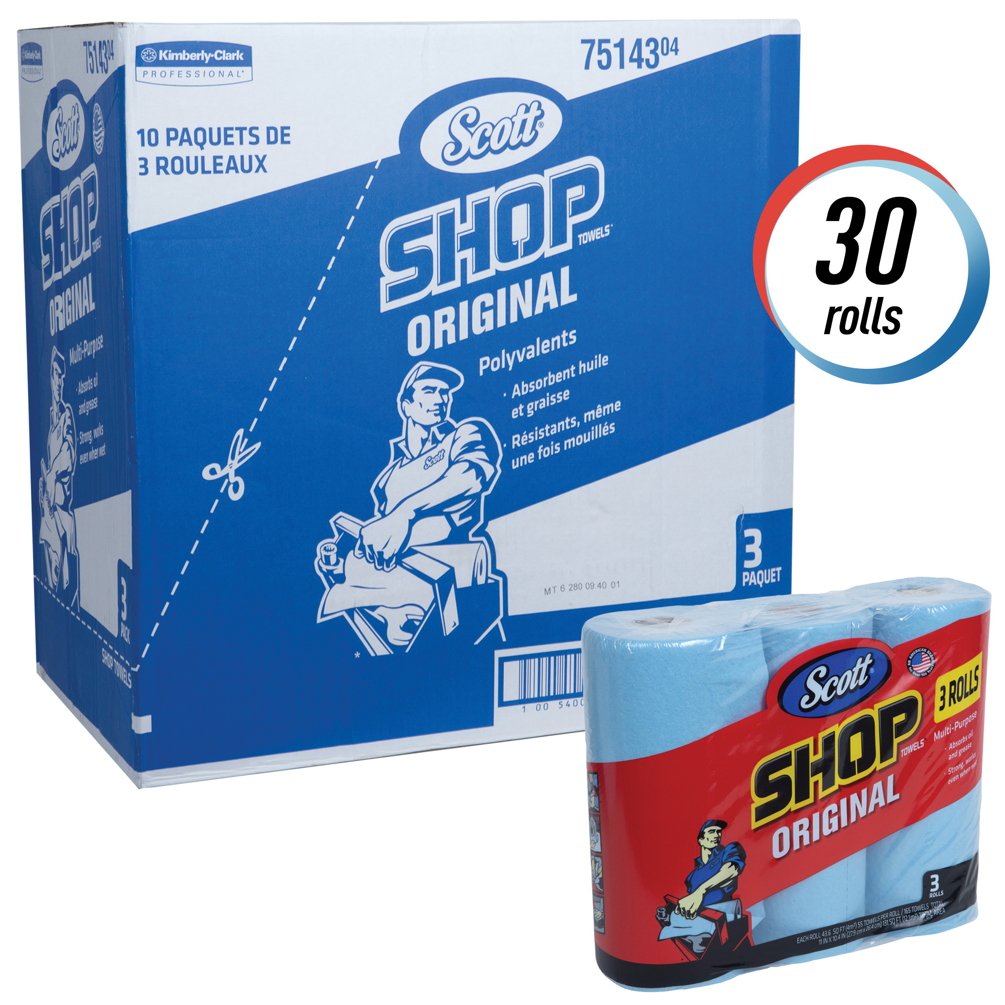 Scott&reg; 75143 Durable Multi-Purpose Shop Towel, Blue, Roll Package