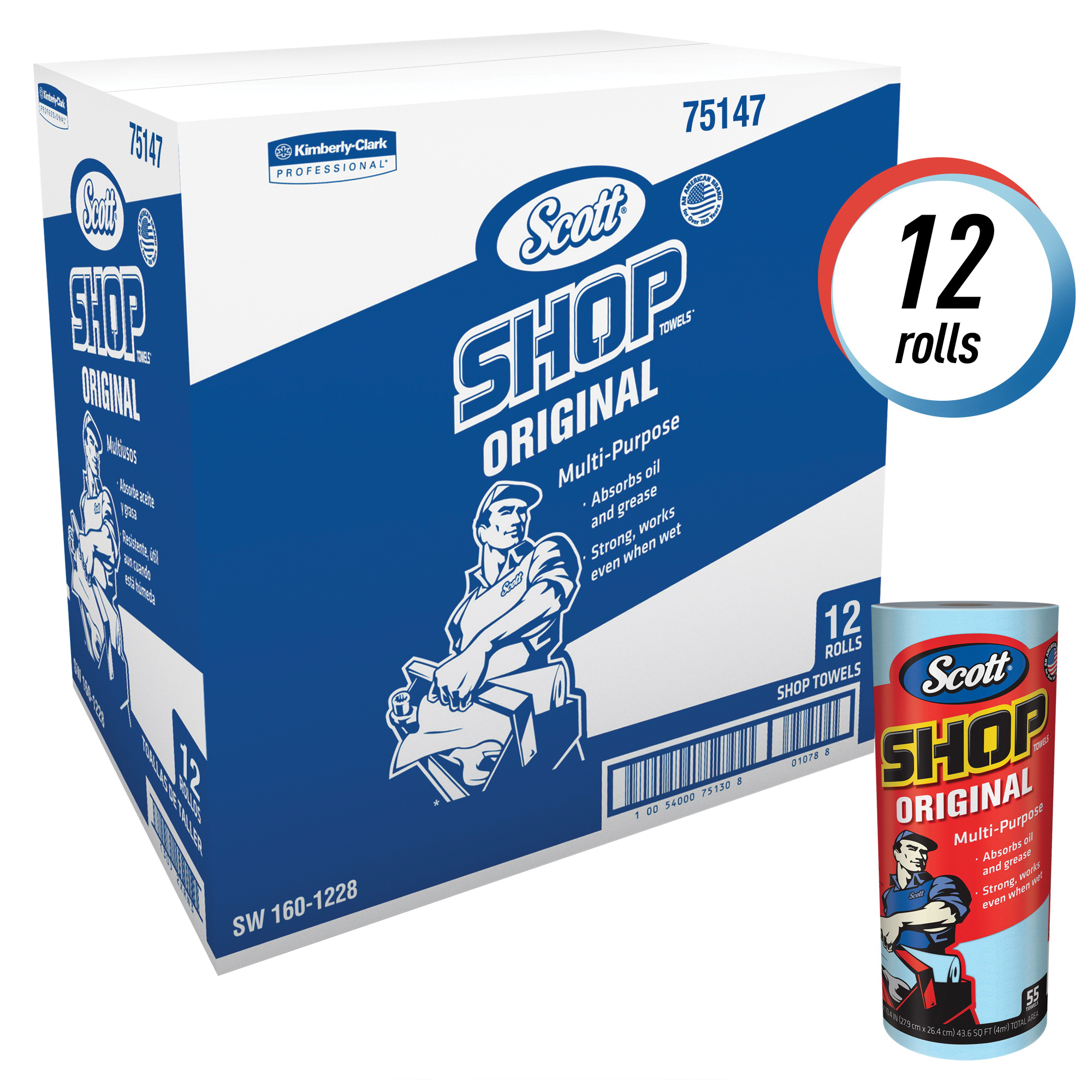 Scott&reg; 75147 Durable Shop Towel, Blue, Roll Package