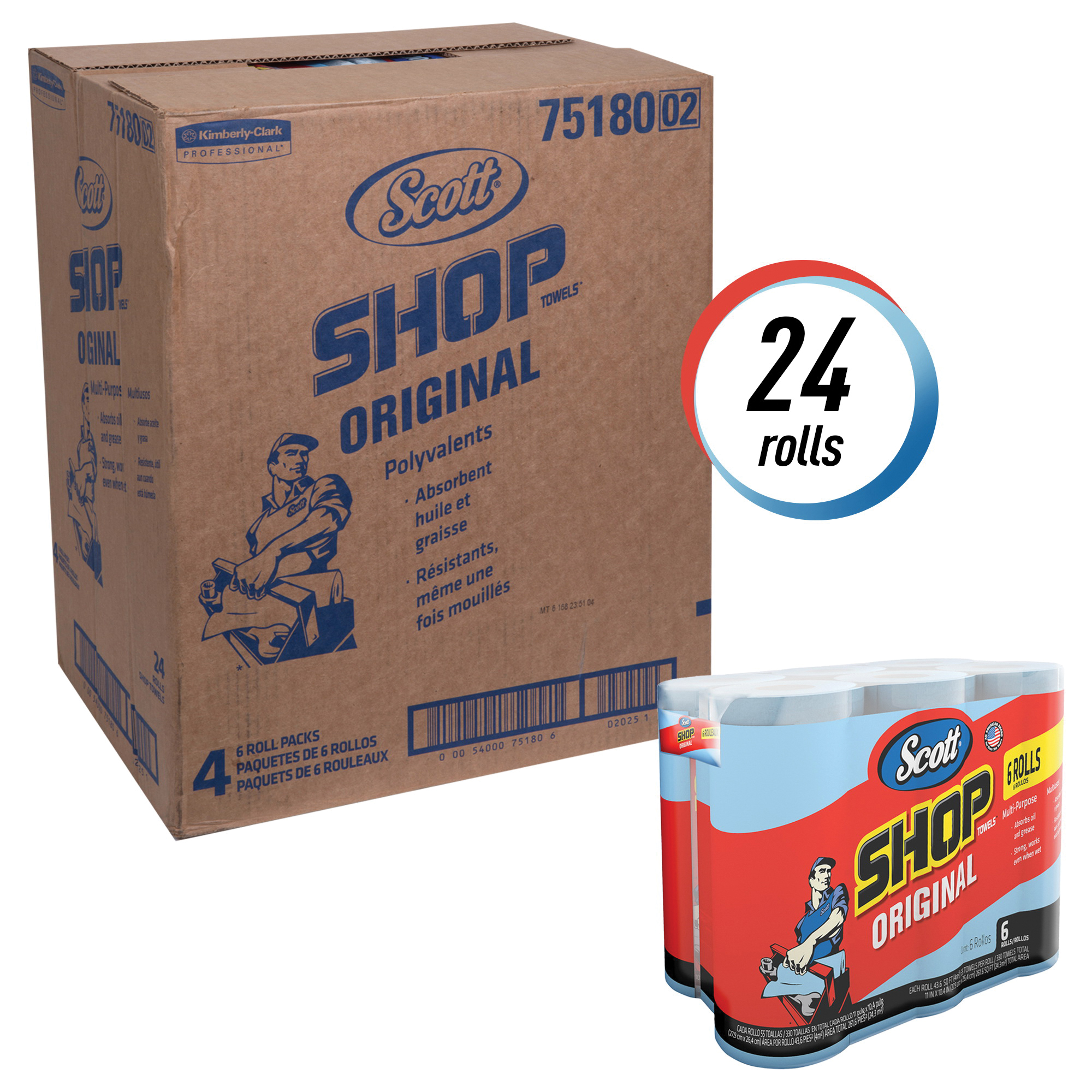 Scott&reg; 75180 Shop Towel, 8-3/4 in L x 13-1/4 in W, Blue, Roll Package