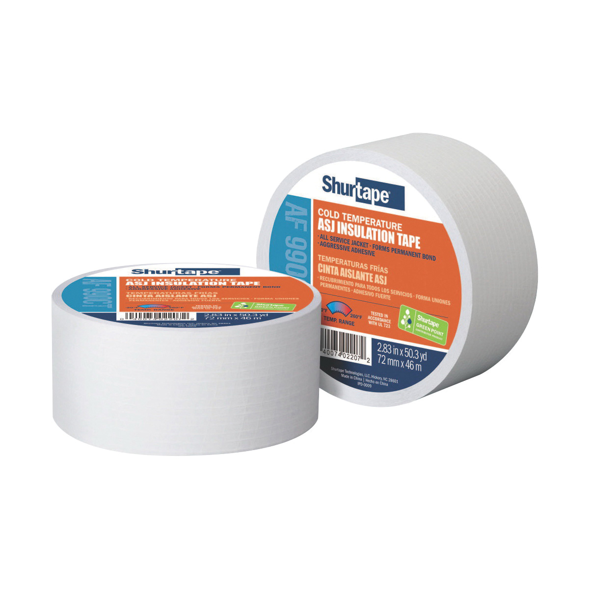 Shurtape&reg; 232242 AF 990CT All Service Jacket Tape, 46 m L x 72 mm W, 12.6 mil with Liner/8.3 mil without Liner THK, Cold Temperature Acrylic Adhesive, Foil DECA Free/Kraft Paper/Scrim Backing, White