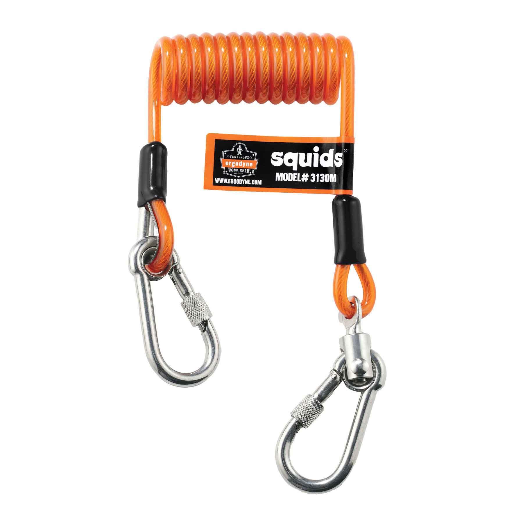 product Squids&reg; 19130 3130S Standard Coiled Cable Lanyard, 2 lb Load Capcity, 6-1/2 in Coiled/48 in Extended, Stainless Steel Hardware, 1 Leg, Carabineer Anchorage Connection, Polyurethane, Lime