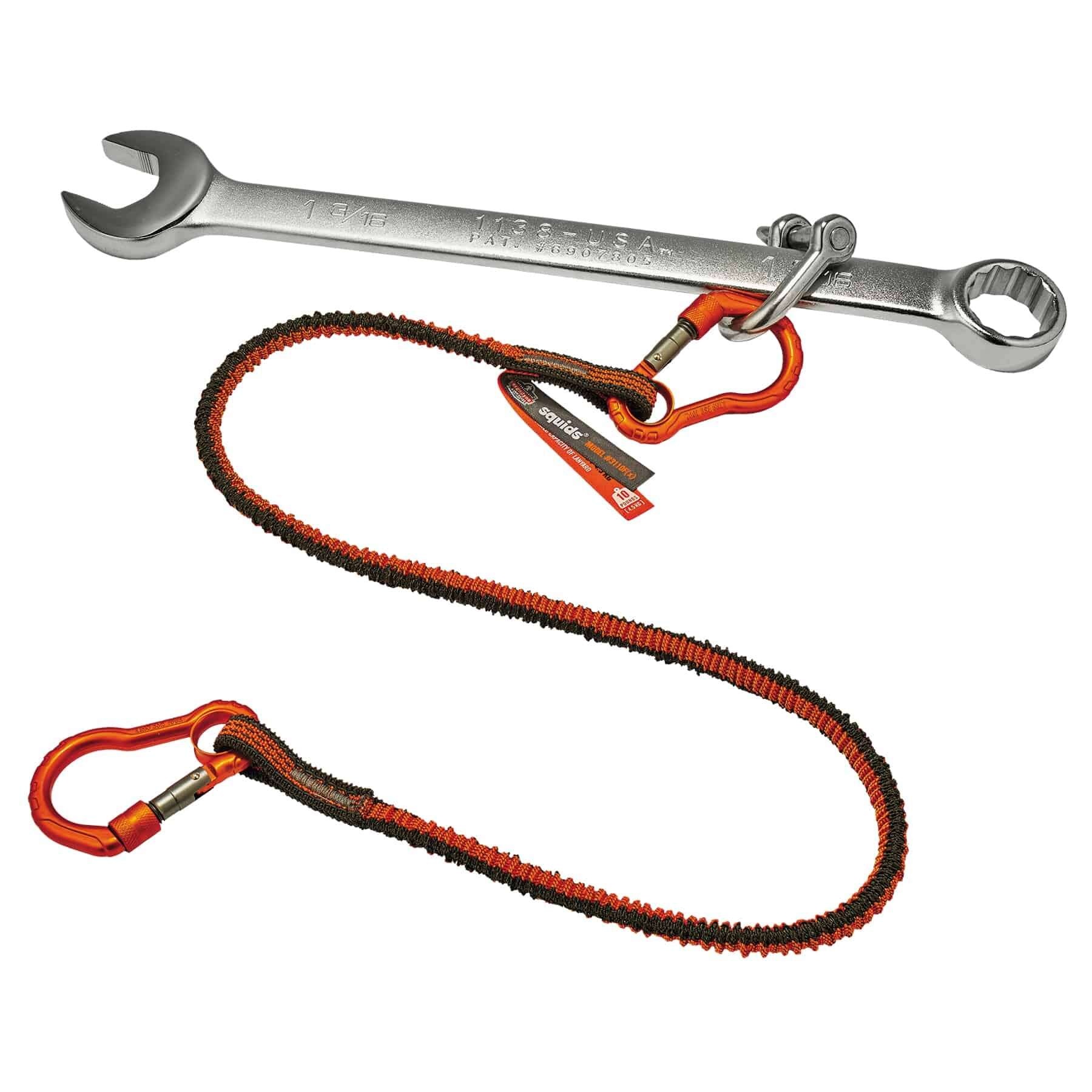 Squids&reg; 19822 3110F(x) Lightweight Standard Tool Lanyard, 38 to 70 in L Extended, 10 lb Capacity, Carabiner Connection, 1680D Polyester Elastic Blended Webbing, Orange/Gray