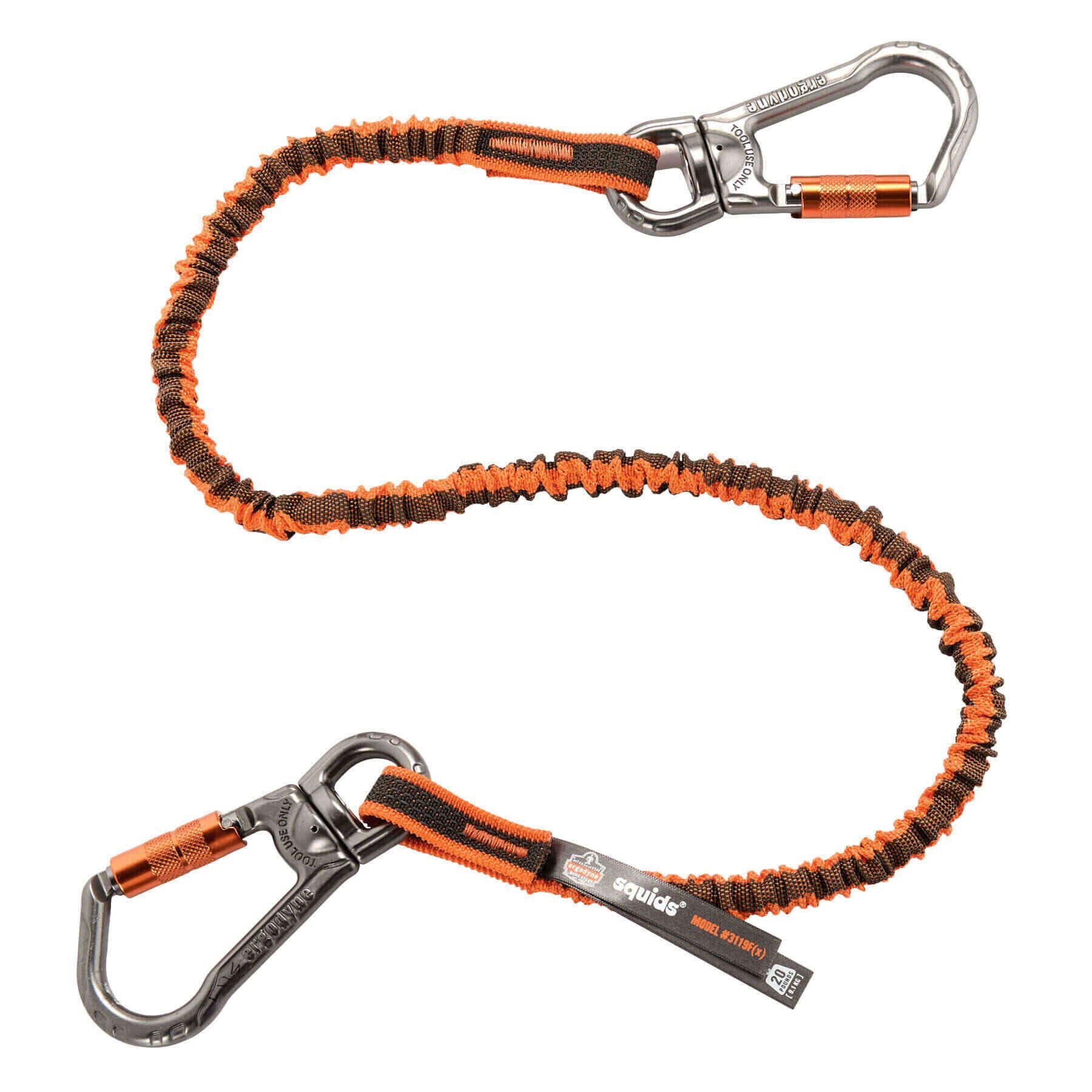 product Squids® 19809 3109F(x) Lightweight Standard Tool Lanyard, 38 to 70 in L Extended, 25 lb Capacity, Carabiner Connection, 1680D Polyester Elastic Blended Webbing, Orange/Gray