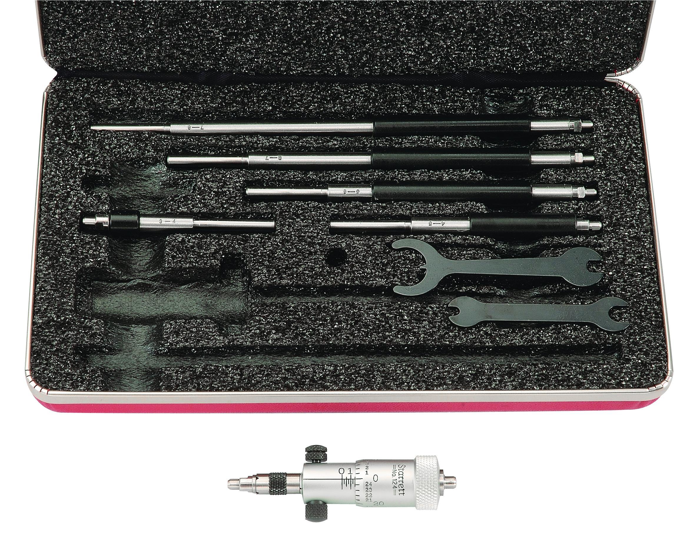 Starrett&reg; 124AZ Solid Rod Inside Micrometer Set, 2 to 8 in, Graduations: 0.001 in, Steel