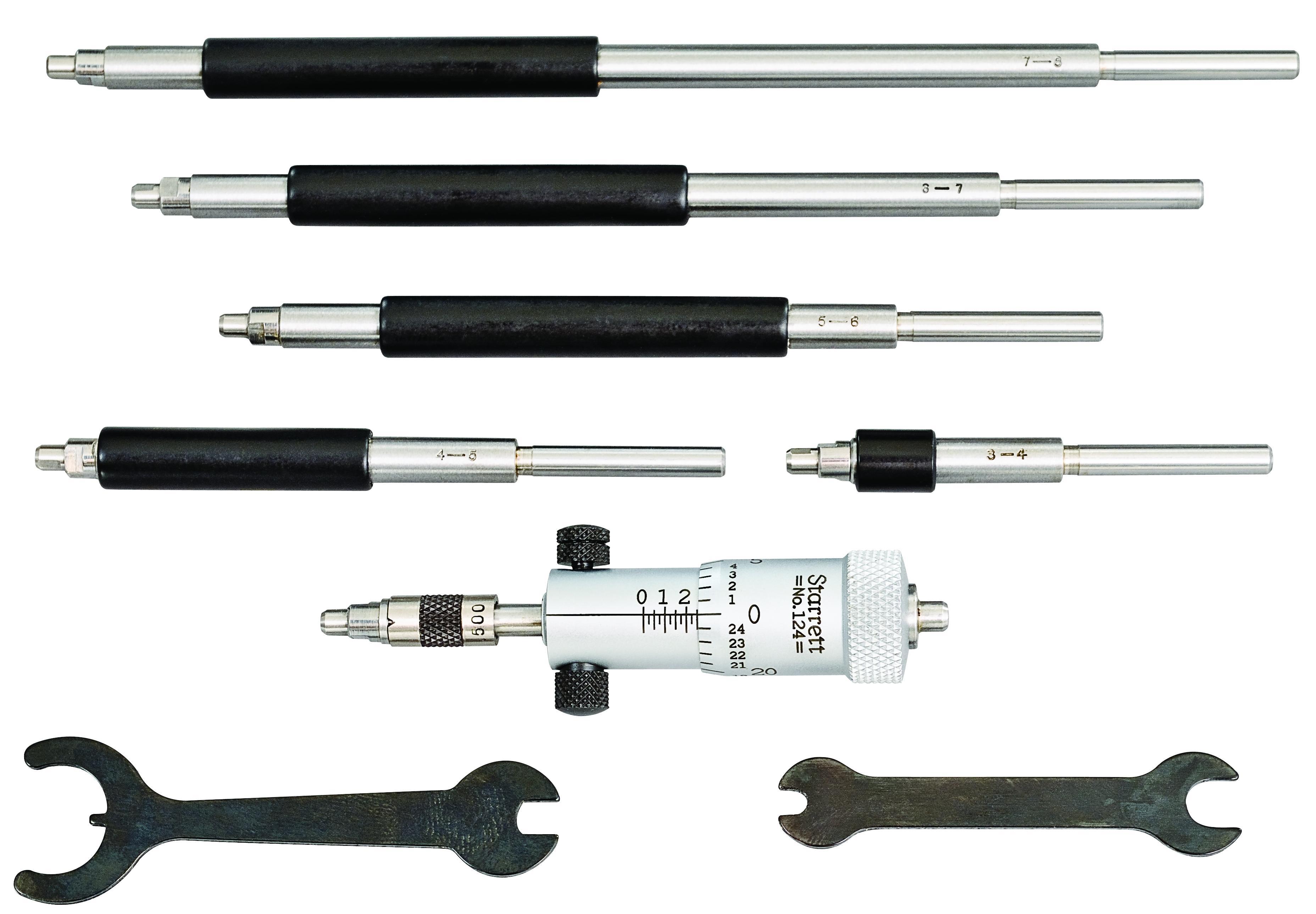 Starrett&reg; 124AZ Solid Rod Inside Micrometer Set, 2 to 8 in, Graduations: 0.001 in, Steel