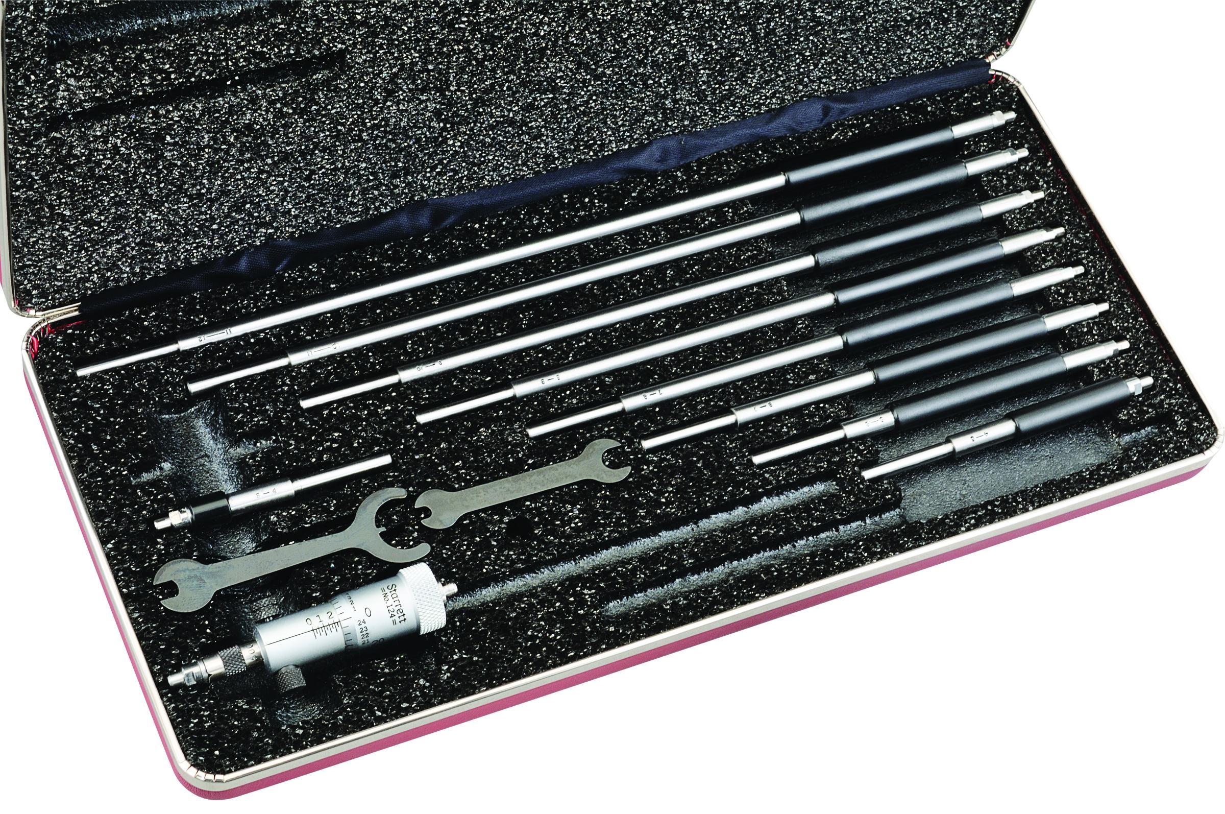 Starrett&reg; 124BZ Solid Rod Inside Micrometer Set, 2 to 12 in, Graduations: 0.001 in, Steel