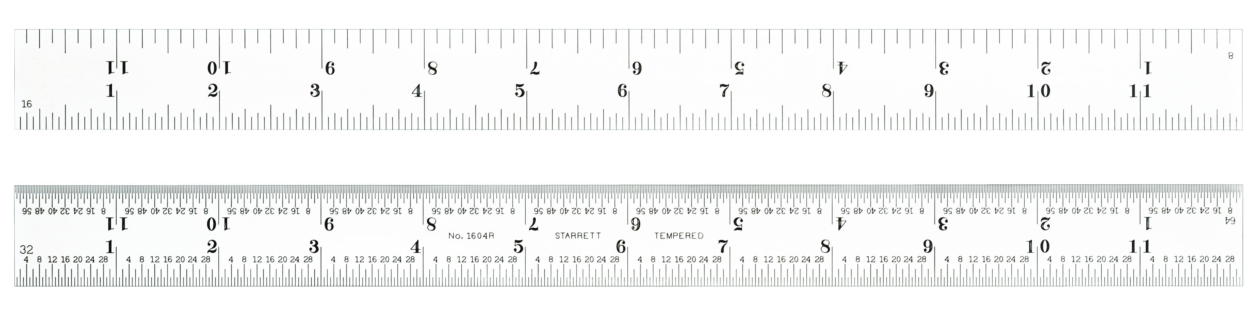 Starrett&reg; 1604R-12 Spring Tempered Precision Rule, Imperial Measuring System, Graduations #4R to 8ths, 16ths, Quick-Reading 32nds, 64ths, 12 in L, Stainless Steel, Silver