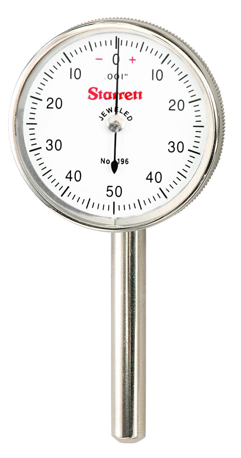 Starrett&reg; 196B5 196 Series Universal Back Plunger Dial Indicator, 0.2 in, 0 to 50 to 0 Dial Reading, 0.001 in, 1.38 in Dial