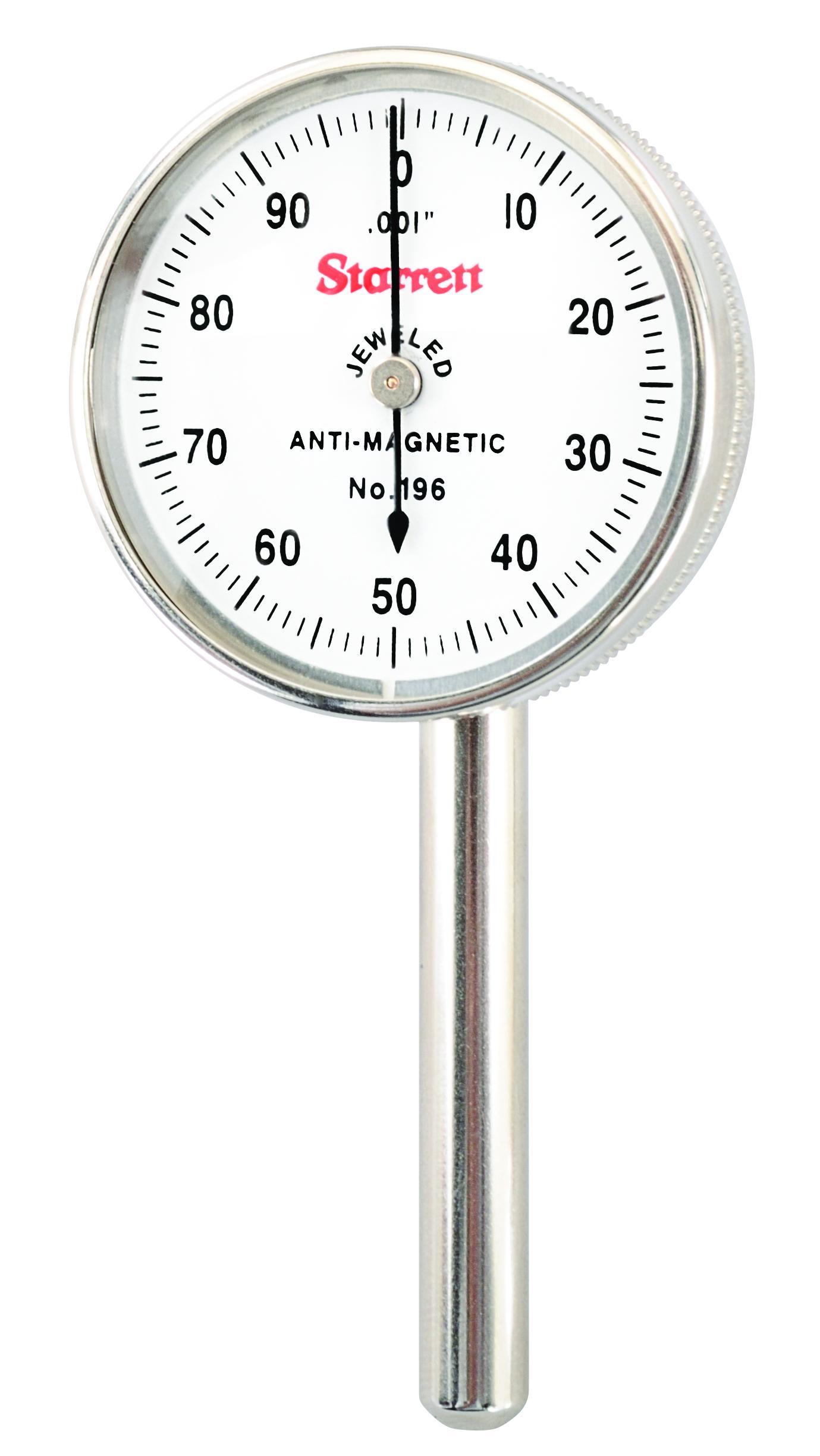 Starrett&reg; 196B6 196 Series Universal Back Plunger Dial Indicator, 0.2 in, 0 to 100 Dial Reading, 0.001 in, 1.45 in Dial