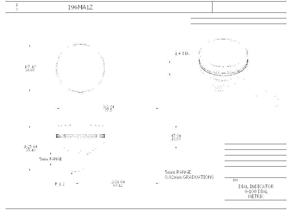 Starrett&reg; 196MA1Z 196 Series Universal Back Plunger Dial Indicator, 5 mm, 0 to 100 Dial Reading, 0.02 mm, 1.45 in Dial