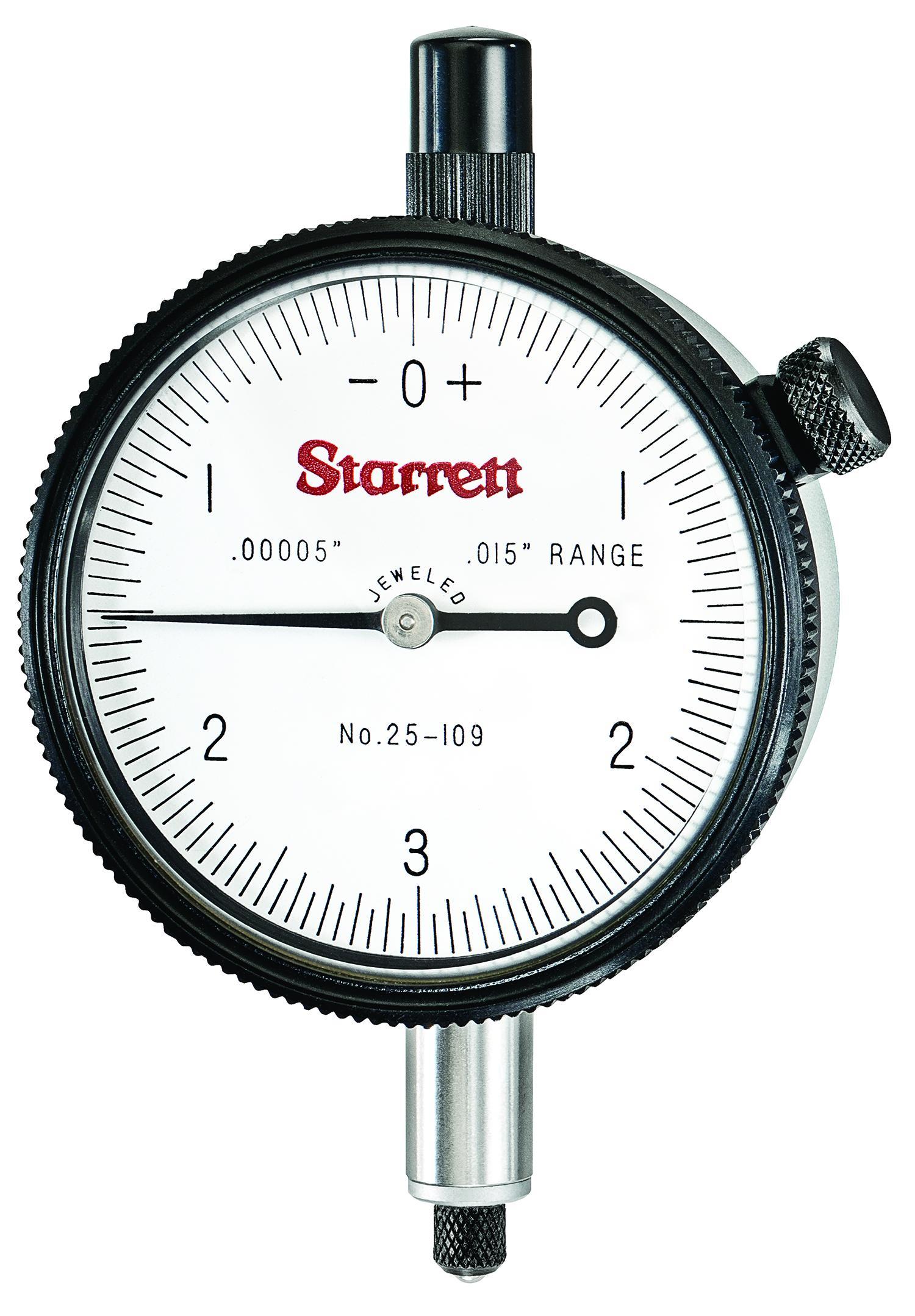 Starrett&reg; 25-109J 25 Series AGD Group 2 Continuous Dial Indicator, 0.015 in, 0 to 3 to 0 Dial Reading, 0.00005 in, 2-1/4 in Dial, 13/64 in Dia Tip