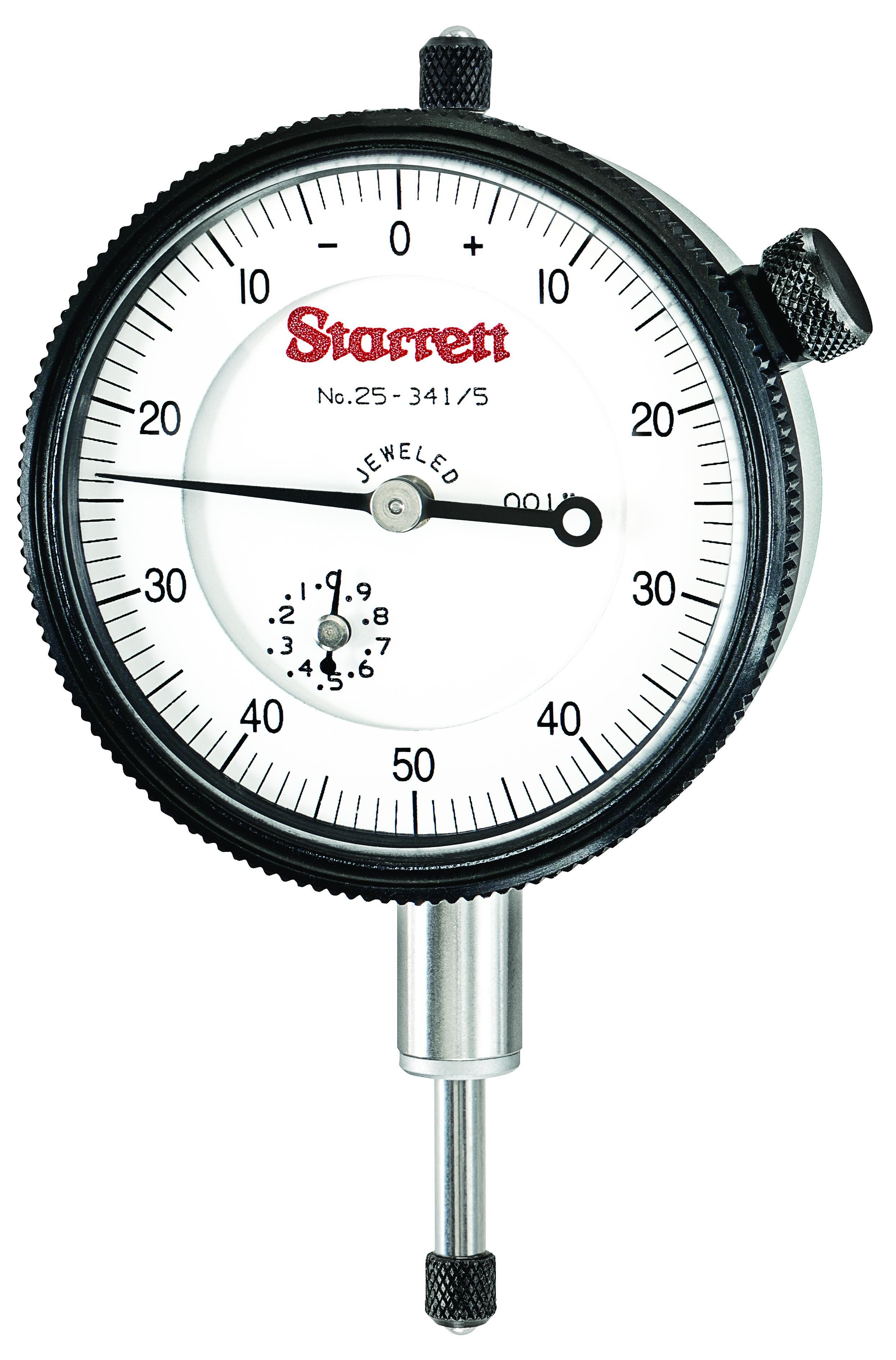 Starrett&reg; 25-341/5J 25 Series AGD Group 2 Continuous Dial Indicator, 1/2 in, 0 to 50 to 0 Dial Reading, 0.001 in, 2-1/4 in Dial, 13/64 in Dia Tip