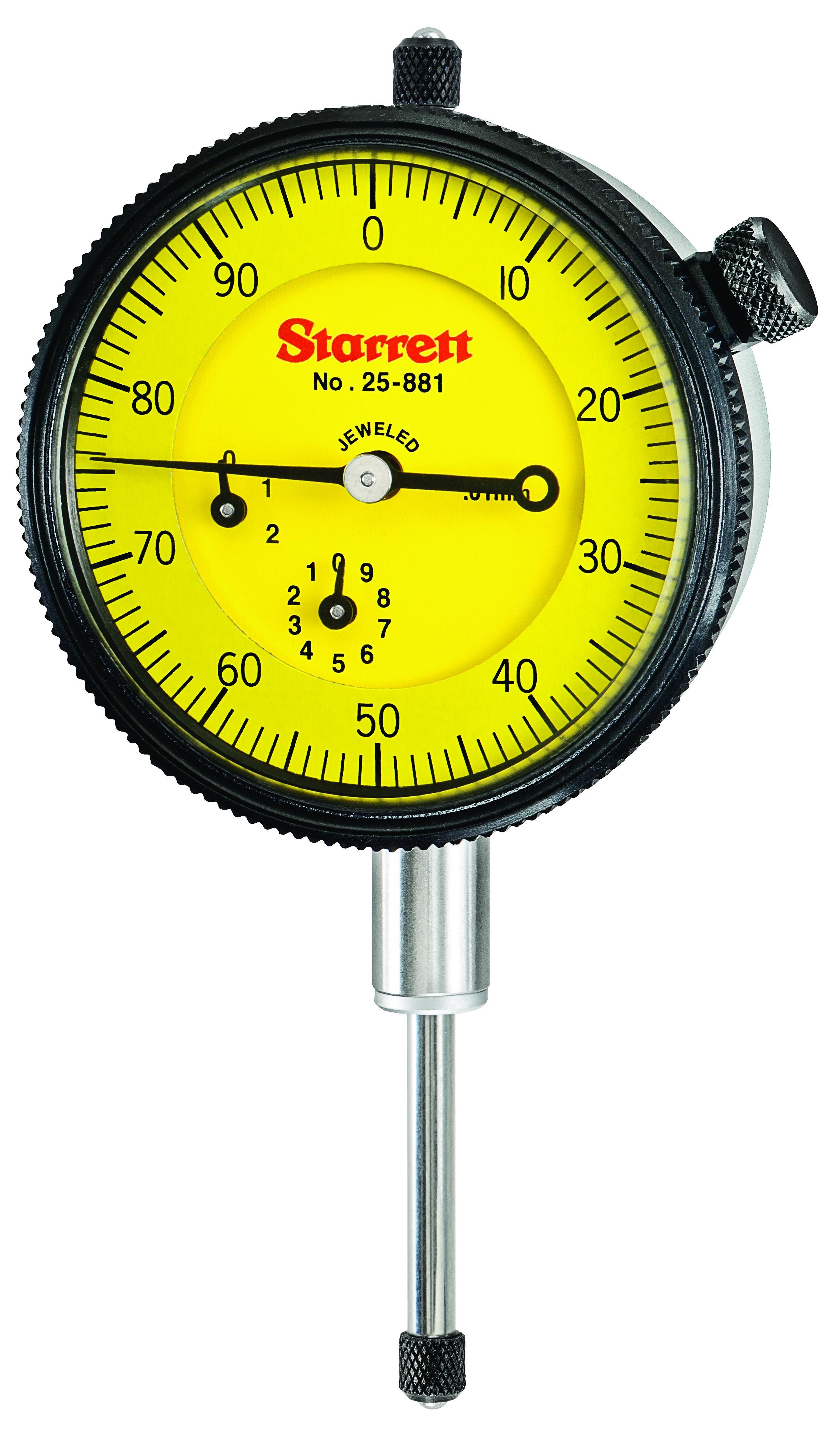 Starrett&reg; 25-881J 25 Series AGD Group 2 Continuous Dial Indicator, 25 mm, 0 to 100 Dial Reading, 0.01 mm, 2-1/4 in Dial, 13/64 in Dia Tip