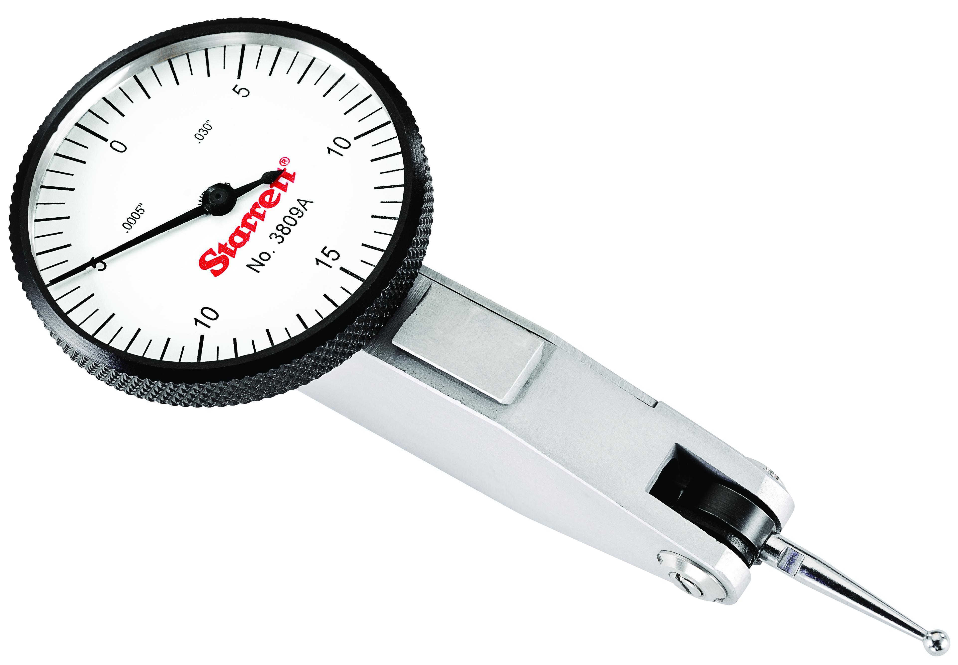 Starrett&reg; 3809A 3809 Global Series&reg; Horizontal Dial Test Indicator With Dovetail Mount, 0.03 in Measuring, 0 to 15 to 0 Dial Reading, Graduations 0.0005 in, 1-1/4 in Dial