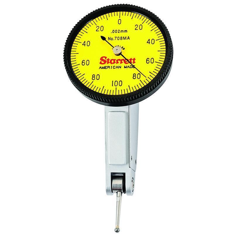 Starrett&reg; 708MAZ Balanced Standard Dial Test Indicator, 0.2 mm Measuring, 0 to 100 to 0 Dial Reading, Graduations 0.002 mm, 1-3/8 in Dial, 5/8 in L Tip