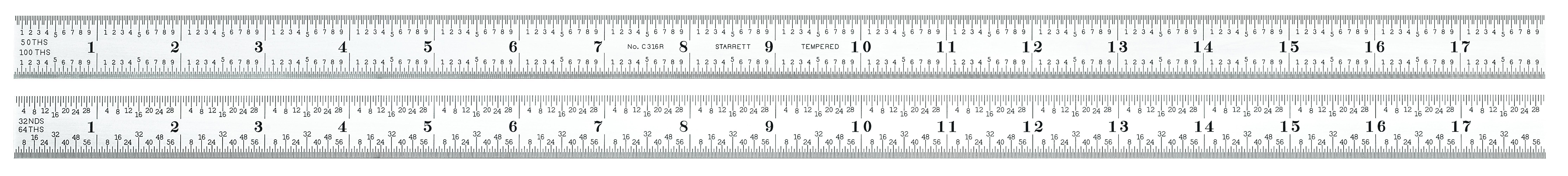 Starrett&reg; C316R-18 Precision Rule, Imperial Measuring System, Graduations 16R - Quick-Reading 32nds, 64ths, Aircraft Quick-Reading 50ths and 100ths, Full-Flexible Steel, Satin Chrome