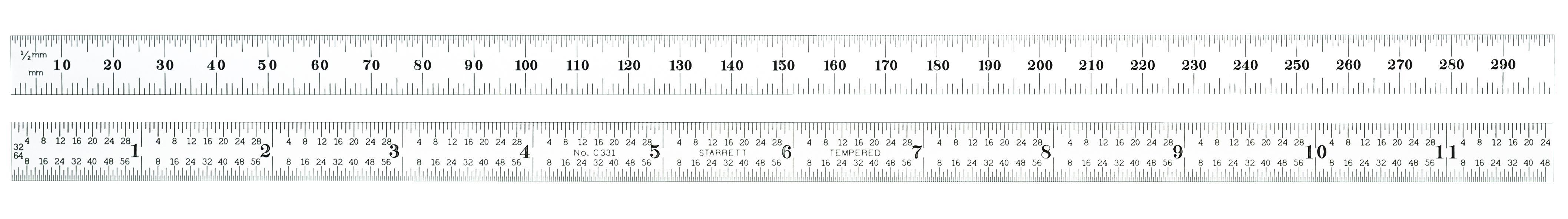 Starrett® C636-1000 Precision Rule, Imperial/Metric Measuring System, Graduations #36 - 32nds and 1/2mm One Side; 64ths and mm on Reverse Side, Tempered Spring Steel, Satin Chrome