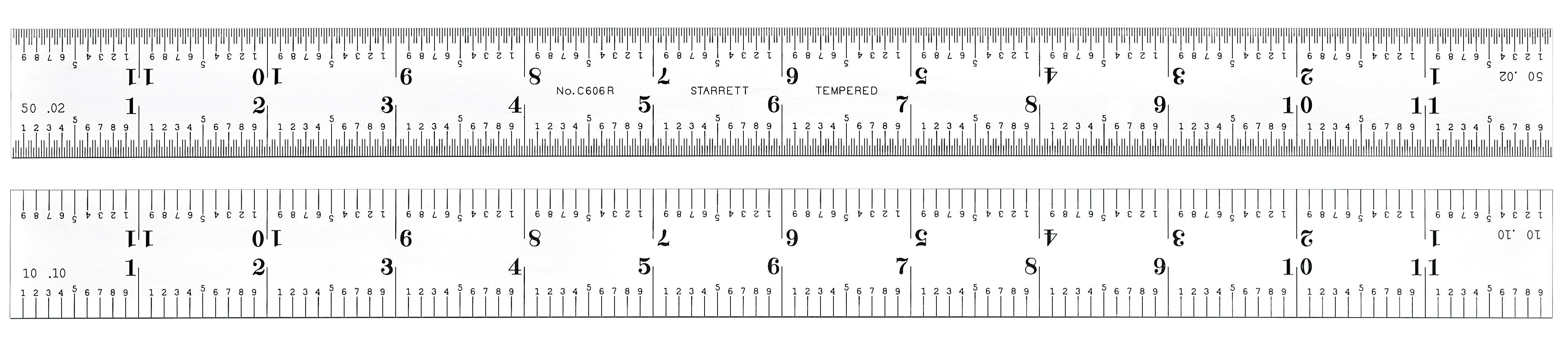 Starrett&reg; C606R-6 Precision Rule, Imperial Measuring System, Graduations 6R - Aircraft Quick-Reading 50ths (.02) Both Edges One Side; Quick-Reading 10ths (.10) Both Edges Opposite Side, Tempered Spring Steel, Satin Chrome