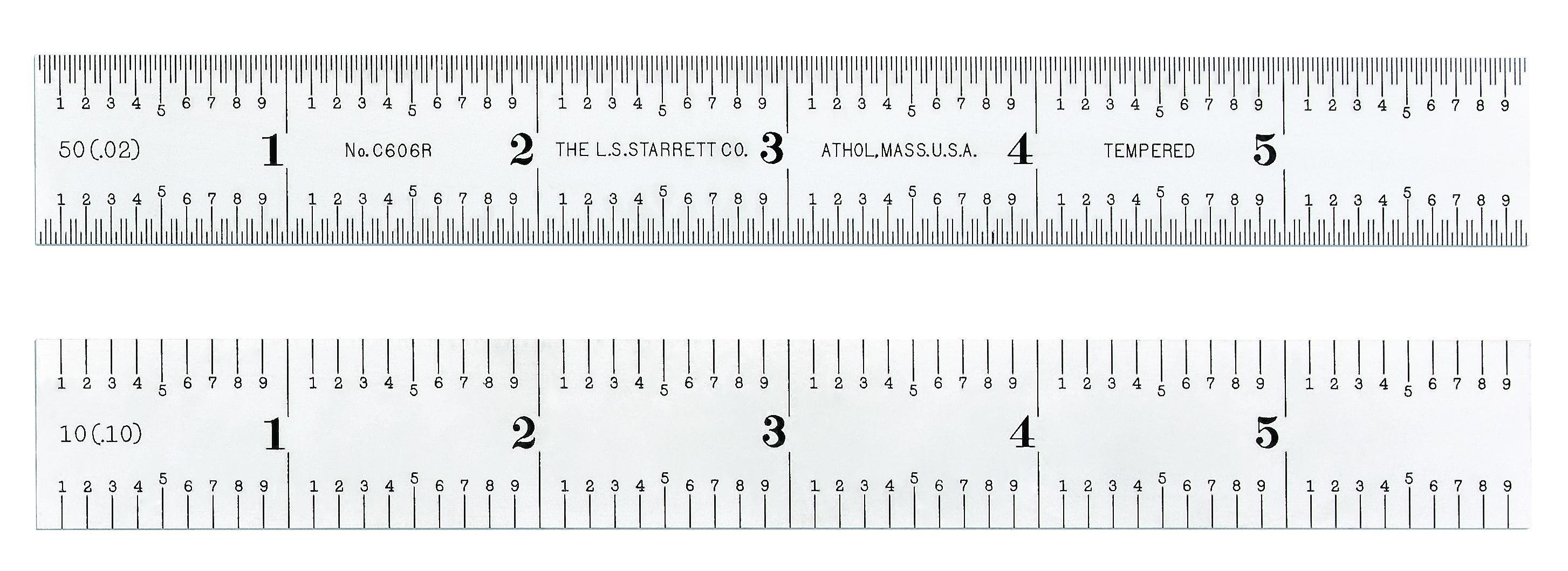 Starrett&reg; C606R-6 Precision Rule, Imperial Measuring System, Graduations 6R - Aircraft Quick-Reading 50ths (.02) Both Edges One Side; Quick-Reading 10ths (.10) Both Edges Opposite Side, Tempered Spring Steel, Satin Chrome