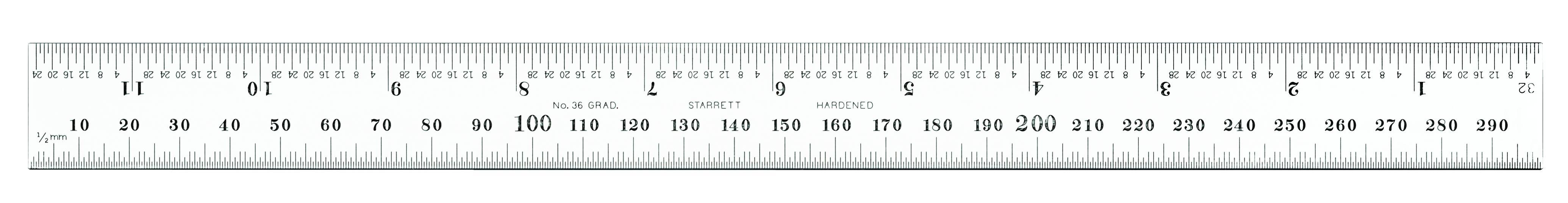 Starrett&reg; CB300-36 Inch and Millimeter Reading Combination Square Blade, 300 mm L Steel Blade, 1/2 mm and 32nds One Side, mm and 64ths Reverse Side Graduation