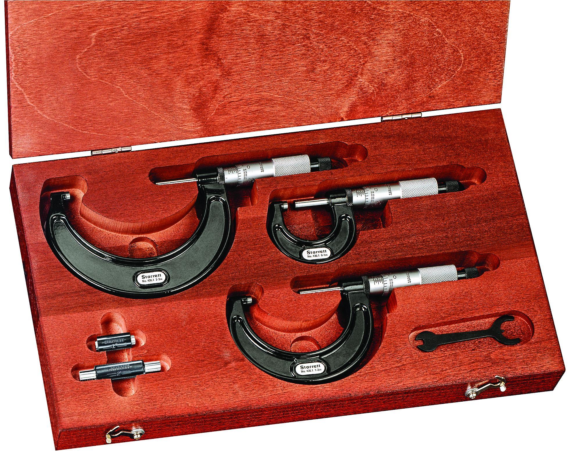 Starrett&reg; S436.1AXRLZ Outside Micrometer Set, 3 Pieces, 0 to 3 in Range 0.001 in Graduations, Carbide Tip