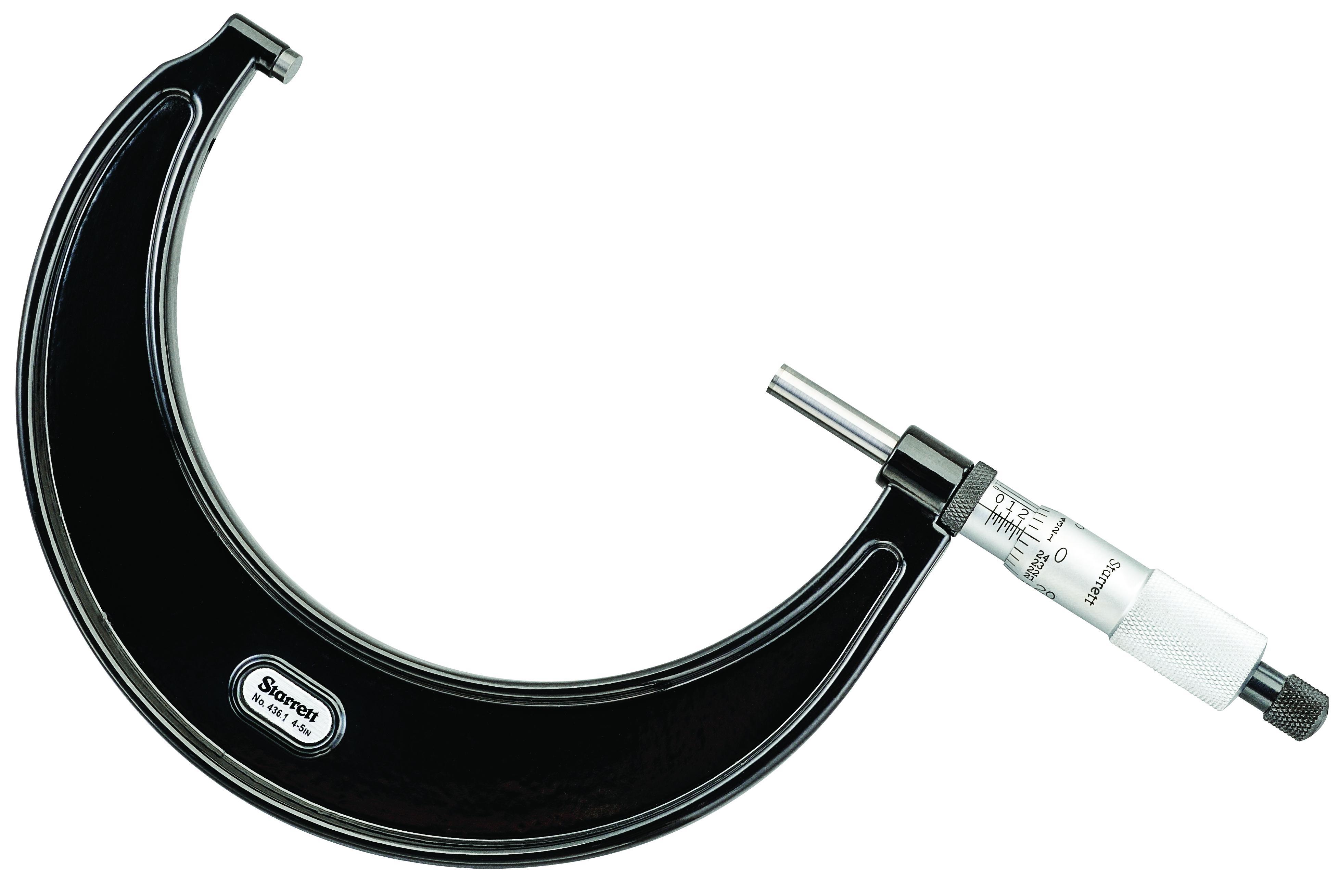 Starrett&reg; T436.1XRL-5 W/SLC Mechanical Outside Micrometer, 4 to 5 in, Graduations: 0.0001 in, Carbide Tip, Satin Chrome