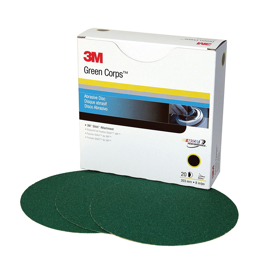 product 3M™ Green Corps™ Stikit™ Production™ Disc, 01547, 6 in, 40 grit, 100 discs per carton, 5 cartons per case